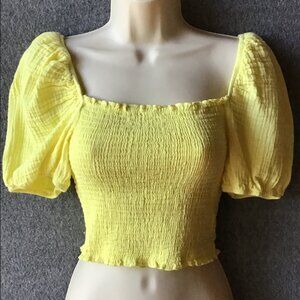 Socialite Vibrant Yellow Puffed Sleeve Shirred Bodice Crop Top Sz S